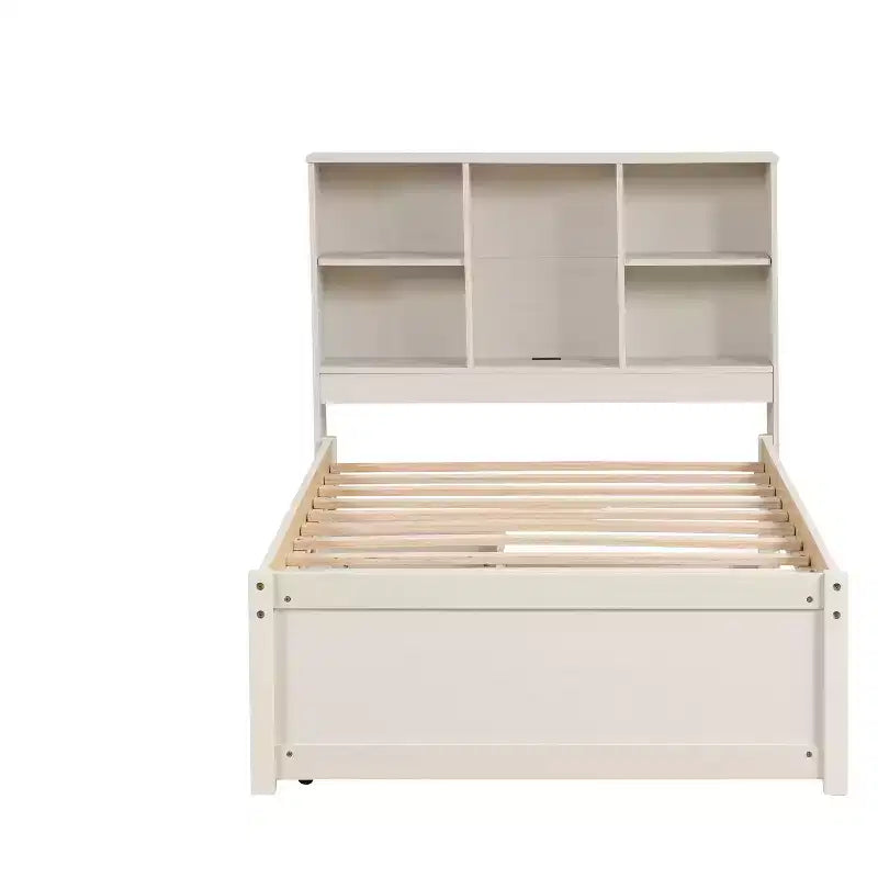 Cadre de lit simple moderne gris avec ports USB intégrés, tête de lit-bibliothèque et deux tiroirs