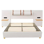 Queen-Size Velvet Upholstered Platform Bed with Dual Outlets, USB Charging Ports, Bedside Pillows, and Storage Shelves