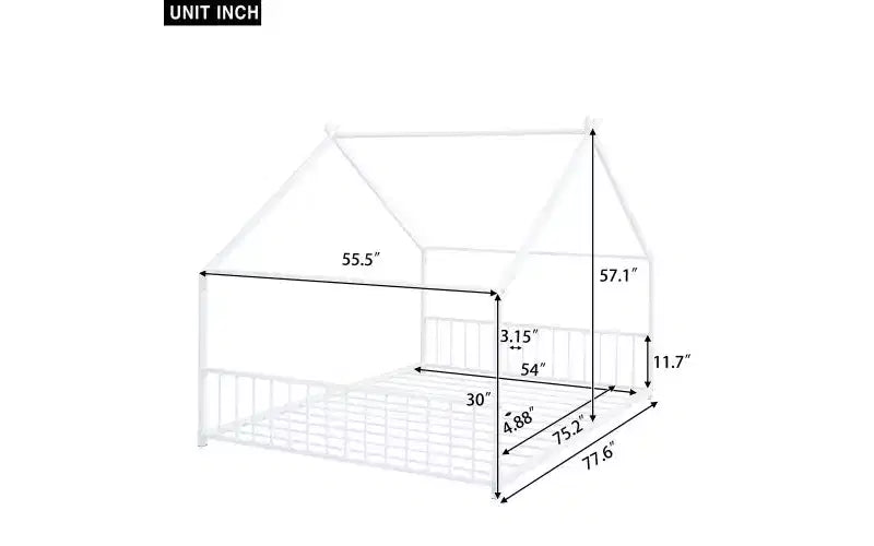 Lit élégant en métal pleine grandeur avec cadre en forme de maison pour chambres stylées