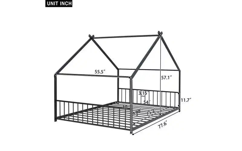 Lit élégant en métal pleine grandeur avec cadre en forme de maison pour chambres stylées