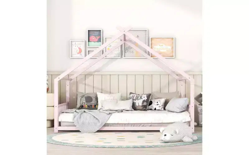 Lit élégant en métal pleine grandeur avec cadre en forme de maison pour chambres stylées