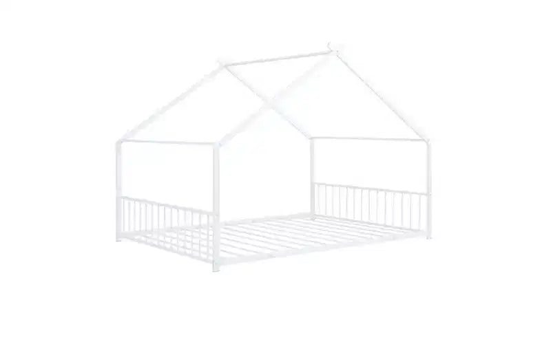 Lit élégant en métal pleine grandeur avec cadre en forme de maison pour chambres stylées