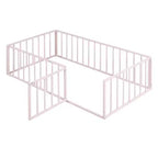 Pink Twin Size Metal Bed Frame with Fence and Door Design