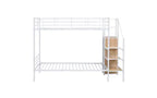 Twin-Over-Twin Metal Bunk Bed featuring Side Storage Steps and Integrated Wardrobe