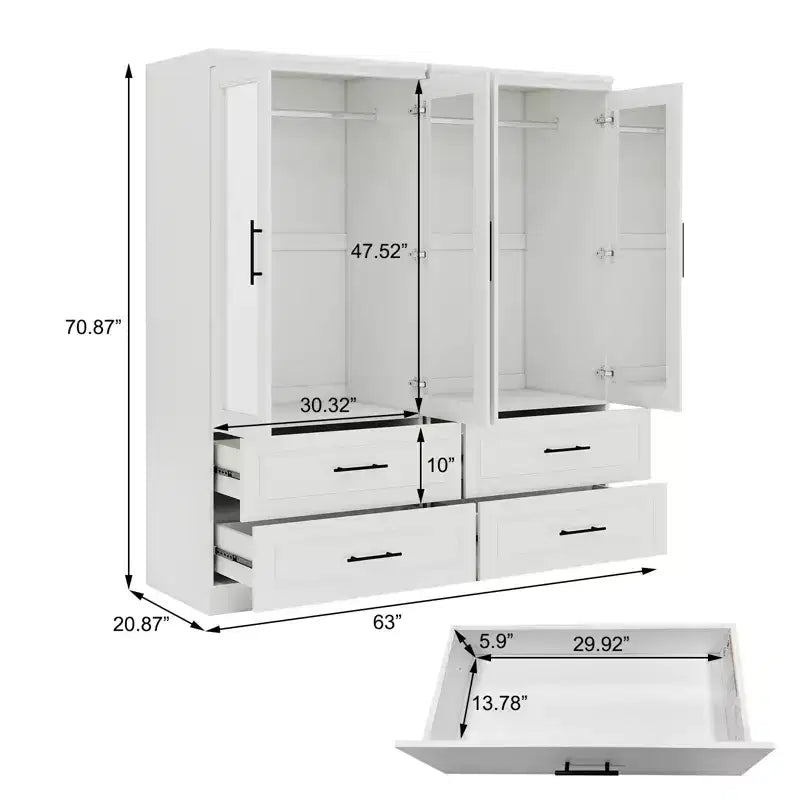 Armoire en bois blanc Keloyid de 160 cm avec 4 tiroirs et 4 portes