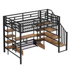 Lit mezzanine en métal pleine grandeur Whisen de 232 cm (91,5 po) de long x 143 cm (56,3 po) de large avec escalier, table de rangement basse et étagères de rangement