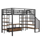 Lit mezzanine en métal pleine grandeur Whisen de 232 cm (91,5 po) de long x 143 cm (56,3 po) de large avec escalier, table de rangement basse et étagères de rangement
