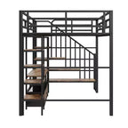 Lit mezzanine en métal pleine grandeur Whisen de 232 cm (91,5 po) de long x 143 cm (56,3 po) de large avec escalier, table de rangement basse et étagères de rangement