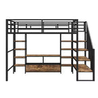 Lit mezzanine en métal pleine grandeur Whisen de 232 cm (91,5 po) de long x 143 cm (56,3 po) de large avec escalier, table de rangement basse et étagères de rangement