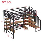 Lit mezzanine en métal pleine grandeur Whisen de 232 cm (91,5 po) de long x 143 cm (56,3 po) de large avec escalier, table de rangement basse et étagères de rangement