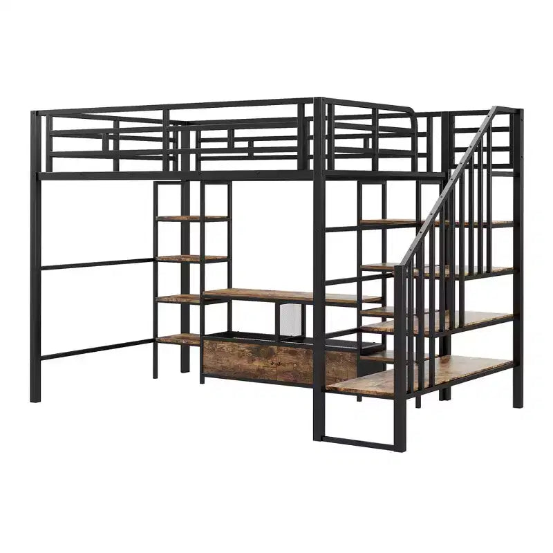 Lit mezzanine en métal pleine grandeur Whisen de 232 cm (91,5 po) de long x 143 cm (56,3 po) de large avec escalier, table de rangement basse et étagères de rangement
