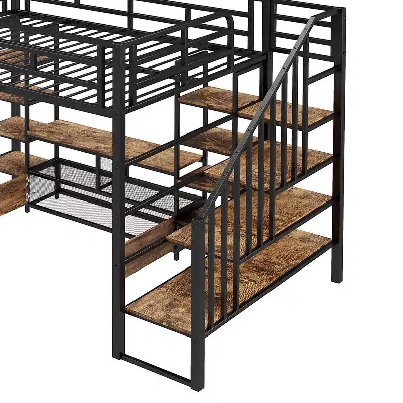 Lit mezzanine en métal pleine grandeur Whisen de 232 cm (91,5 po) de long x 143 cm (56,3 po) de large avec escalier, table de rangement basse et étagères de rangement