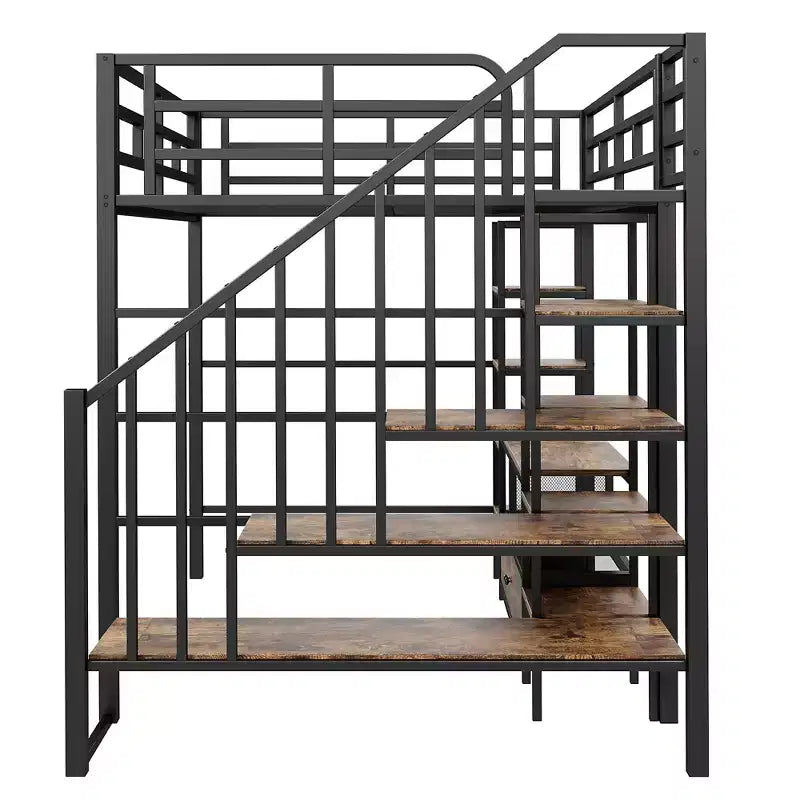 Lit mezzanine en métal pleine grandeur Whisen de 232 cm (91,5 po) de long x 143 cm (56,3 po) de large avec escalier, table de rangement basse et étagères de rangement