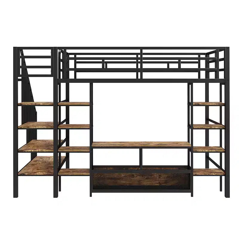 Lit mezzanine en métal pleine grandeur Whisen de 232 cm (91,5 po) de long x 143 cm (56,3 po) de large avec escalier, table de rangement basse et étagères de rangement