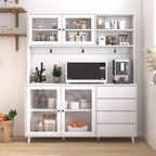 63W Kitchen Hutch Cabinet Kitchen Pantry Storage Cabinet Buffet Cabinet Cupboard with Drawers, Hanging Hooks and Microwave Shelf, White-ModernLuxe