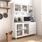 Buffet de cuisine 63W, armoire de rangement pour garde-manger, avec tiroirs, crochets de suspension et étagère à micro-ondes, blanc-ModernLuxe