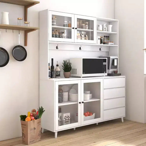 Buffet de cuisine 63W, armoire de rangement pour garde-manger, avec tiroirs, crochets de suspension et étagère à micro-ondes, blanc-ModernLuxe