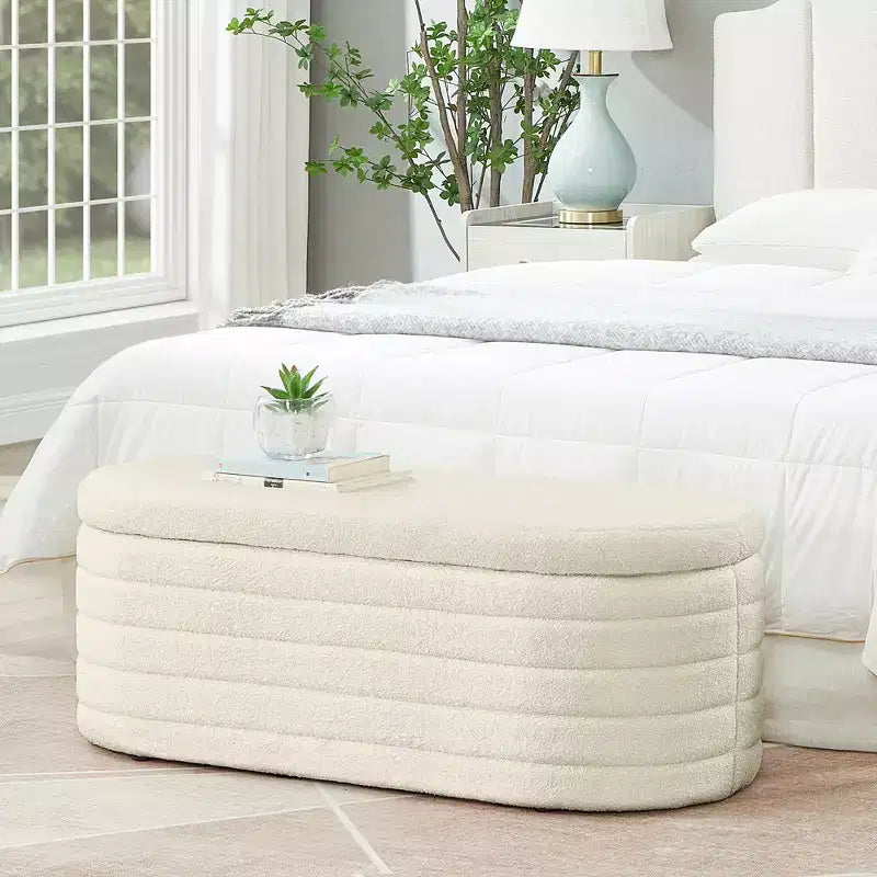 Banc de rangement ottoman ovale Zeus et Ruta Modern 43 po de largeur, bout de lit, rembourré avec charnière de sécurité-