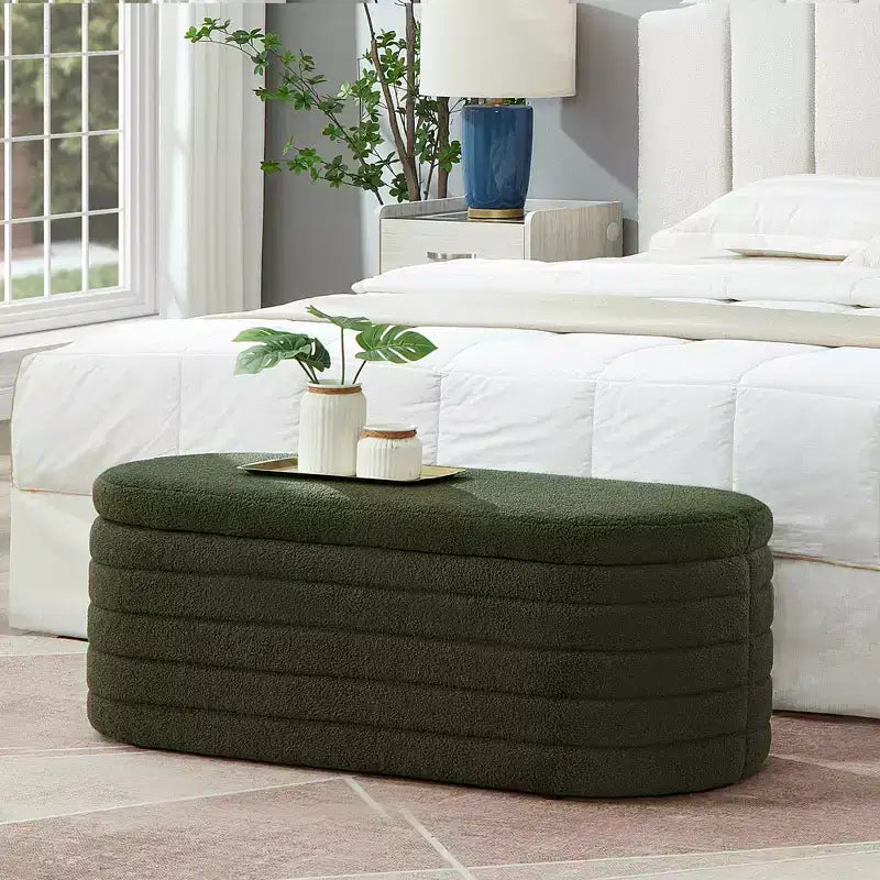 Banc de rangement ottoman ovale Zeus et Ruta Modern 43 po de largeur, bout de lit, rembourré avec charnière de sécurité-