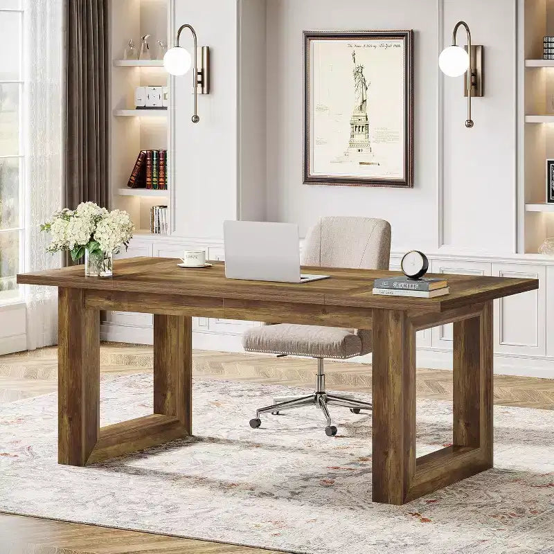 Lantine Bureau d'ordinateur de direction de 160 cm, Table d'écriture industrielle avec base en bois massif pour bureau à domicile