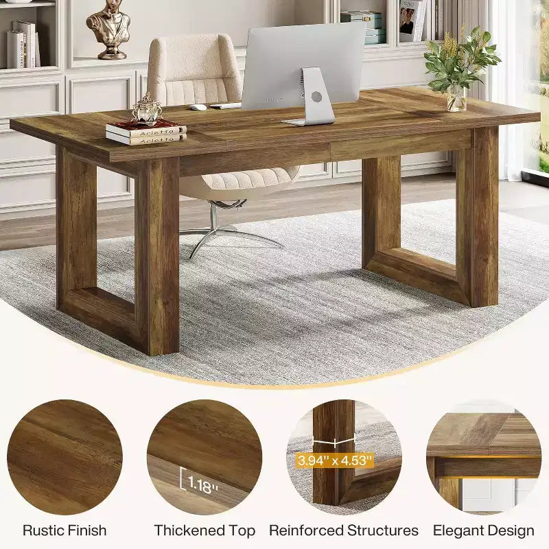 Lantine Bureau d'ordinateur de direction de 160 cm, Table d'écriture industrielle avec base en bois massif pour bureau à domicile