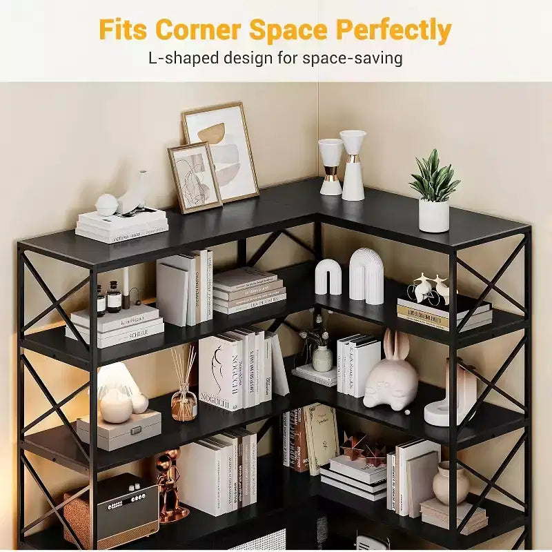 Garvee Étagère d'angle industrielle à 6 niveaux, bibliothèque en forme de L avec armoire de rangement, grande étagère de présentation pour bureau à domicile, salon, cuisine