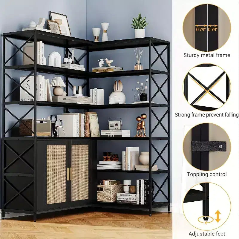 Garvee Étagère d'angle industrielle à 6 niveaux, bibliothèque en forme de L avec armoire de rangement, grande étagère de présentation pour bureau à domicile, salon, cuisine