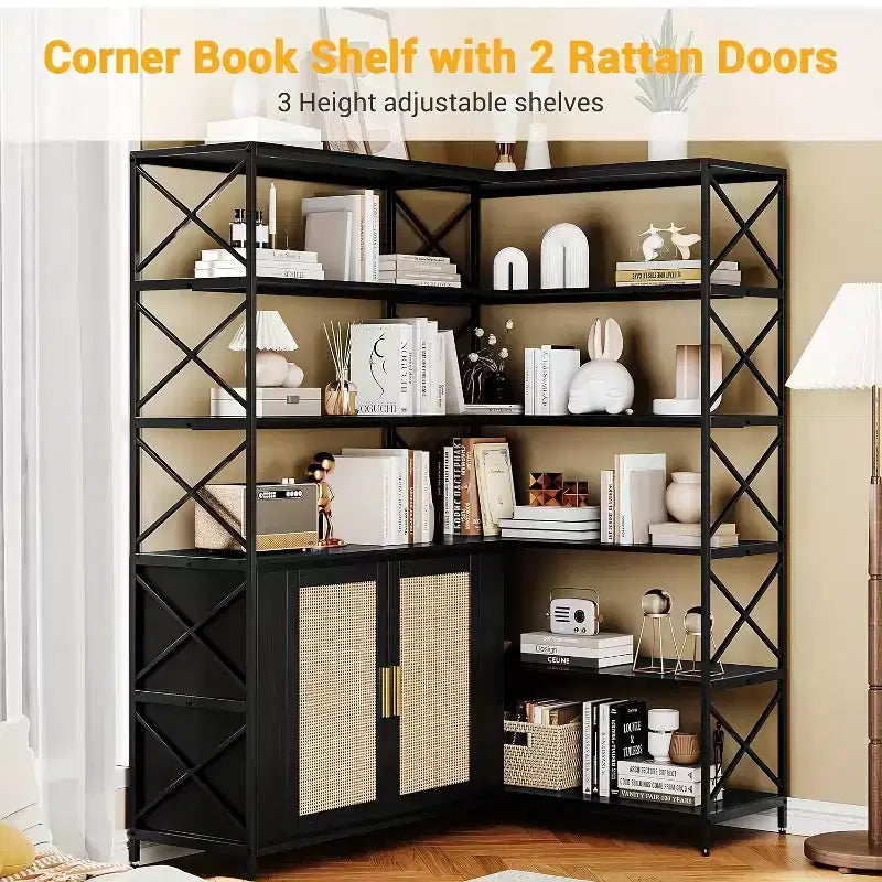 Garvee Étagère d'angle industrielle à 6 niveaux, bibliothèque en forme de L avec armoire de rangement, grande étagère de présentation pour bureau à domicile, salon, cuisine