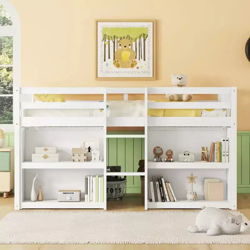 Lit cabane mezzanine bas pour enfant Whisen 79,8''L * 43,9''W avec étagères à deux niveaux et lumière LED