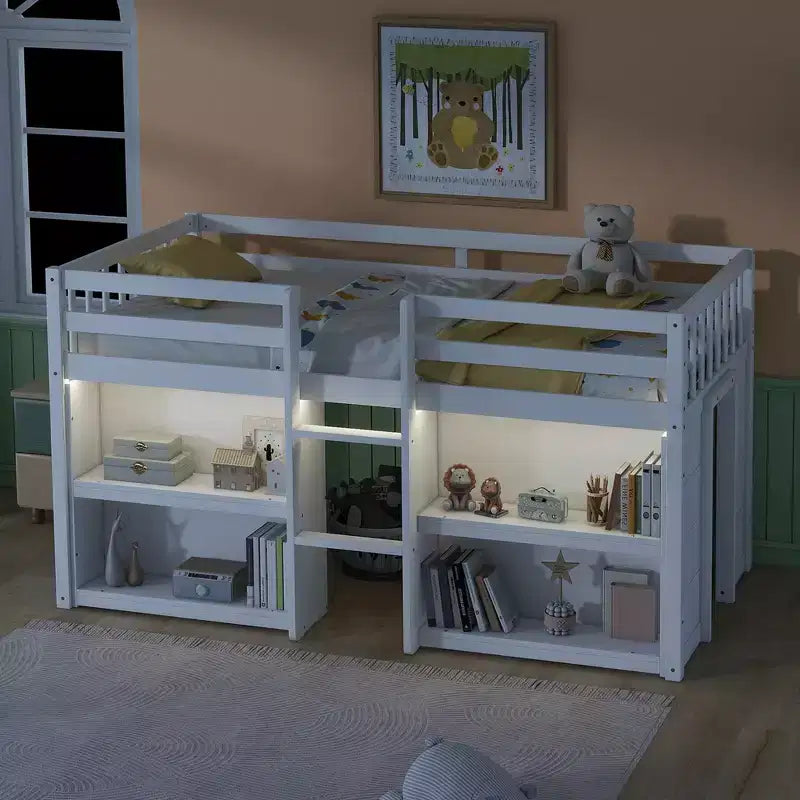 Lit cabane mezzanine bas pour enfant Whisen 79,8''L * 43,9''W avec étagères à deux niveaux et lumière LED