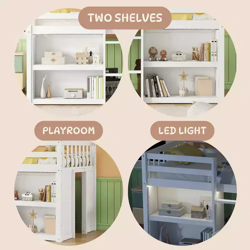 Lit cabane mezzanine bas pour enfant Whisen 79,8''L * 43,9''W avec étagères à deux niveaux et lumière LED
