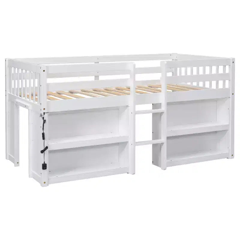 Lit cabane mezzanine bas pour enfant Whisen 79,8''L * 43,9''W avec étagères à deux niveaux et lumière LED