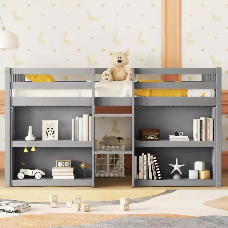 Lit cabane mezzanine bas pour enfant Whisen 79,8''L * 43,9''W avec étagères à deux niveaux et lumière LED