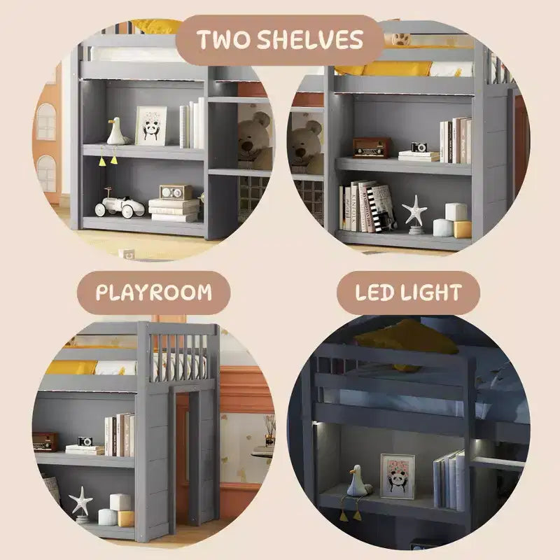 Lit cabane mezzanine bas pour enfant Whisen 79,8''L * 43,9''W avec étagères à deux niveaux et lumière LED