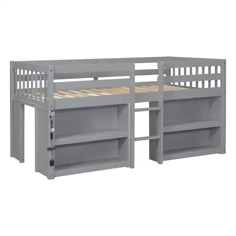 Lit cabane mezzanine bas pour enfant Whisen 79,8''L * 43,9''W avec étagères à deux niveaux et lumière LED