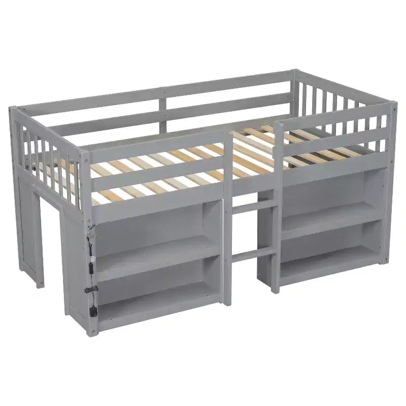 Lit cabane mezzanine bas pour enfant Whisen 79,8''L * 43,9''W avec étagères à deux niveaux et lumière LED