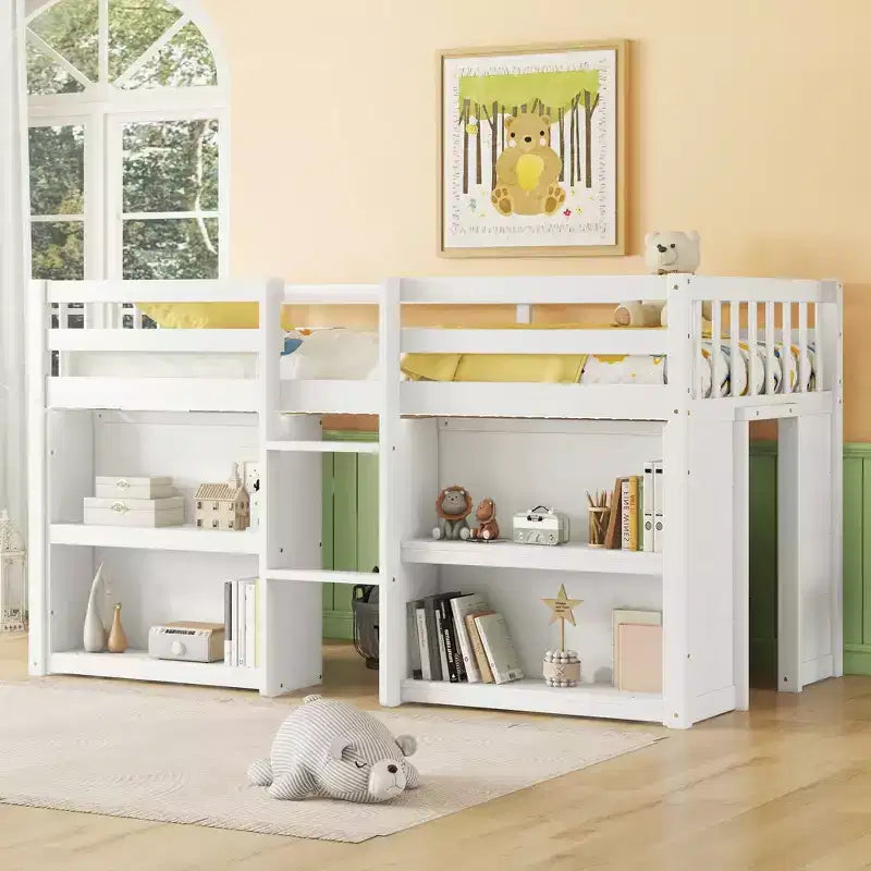 Lit cabane mezzanine bas pour enfant Whisen 79,8''L * 43,9''W avec étagères à deux niveaux et lumière LED