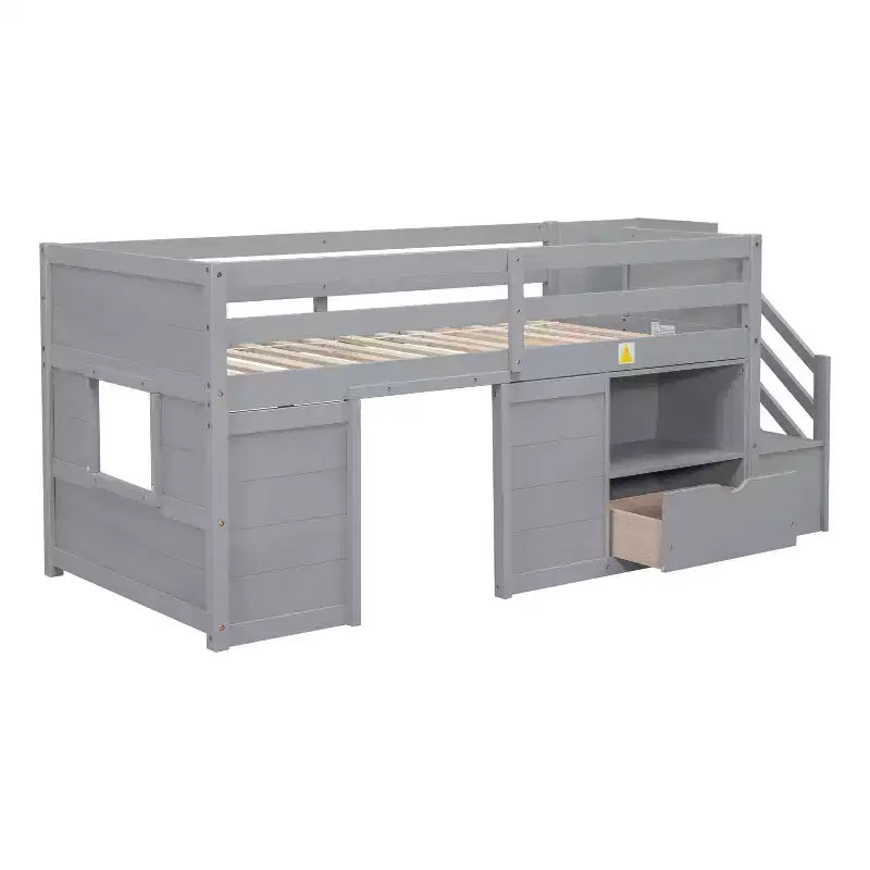 Lit bas mezzanine double Whisen 94,6L x 42,3W en bois massif avec escalier, tiroir et étagère, design moderne et épuré