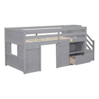 Lit bas mezzanine double Whisen 94,6L x 42,3W en bois massif avec escalier, tiroir et étagère, design moderne et épuré