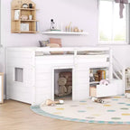 Lit bas mezzanine double Whisen 94,6L x 42,3W en bois massif avec escalier, tiroir et étagère, design moderne et épuré