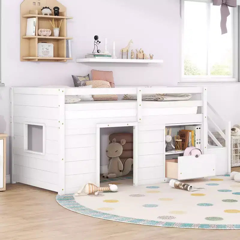 Lit bas mezzanine double Whisen 94,6L x 42,3W en bois massif avec escalier, tiroir et étagère, design moderne et épuré