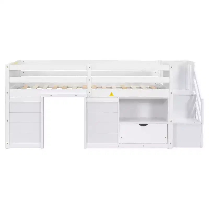 Lit bas mezzanine double Whisen 94,6L x 42,3W en bois massif avec escalier, tiroir et étagère, design moderne et épuré