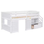 Lit bas mezzanine double Whisen 94,6L x 42,3W en bois massif avec escalier, tiroir et étagère, design moderne et épuré