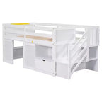 Lit bas mezzanine double Whisen 94,6L x 42,3W en bois massif avec escalier, tiroir et étagère, design moderne et épuré