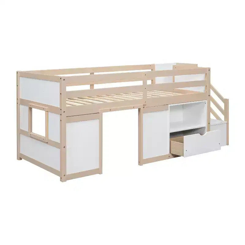 Lit bas mezzanine double Whisen 94,6L x 42,3W en bois massif avec escalier, tiroir et étagère, design moderne et épuré
