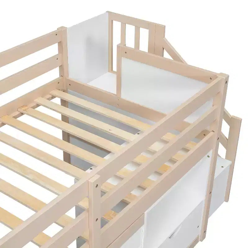 Lit bas mezzanine double Whisen 94,6L x 42,3W en bois massif avec escalier, tiroir et étagère, design moderne et épuré