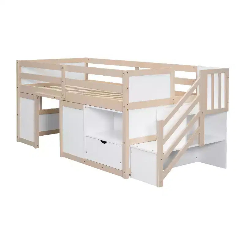Lit bas mezzanine double Whisen 94,6L x 42,3W en bois massif avec escalier, tiroir et étagère, design moderne et épuré