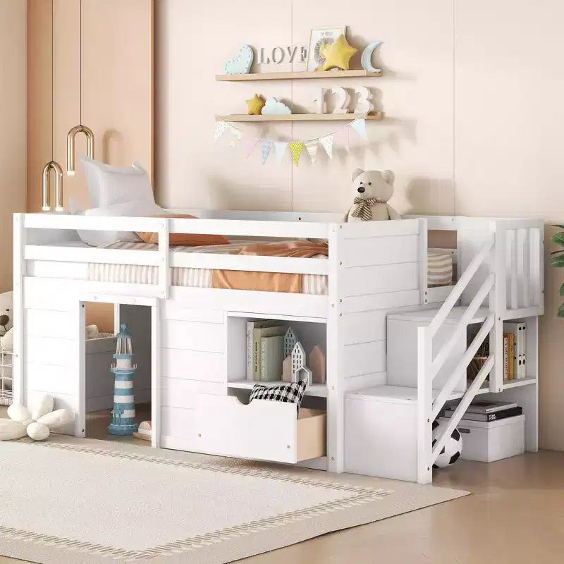 Lit bas mezzanine double Whisen 94,6L x 42,3W en bois massif avec escalier, tiroir et étagère, design moderne et épuré