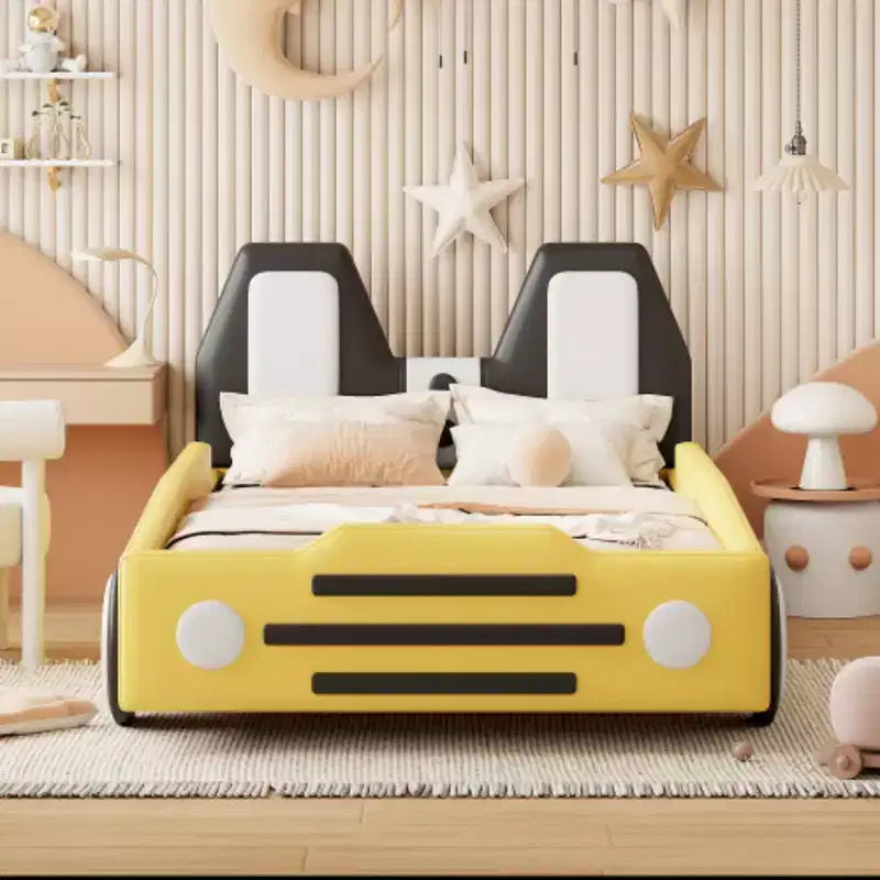 Lit plate-forme en forme de voiture de course, taille jumeau, avec roues, jaune