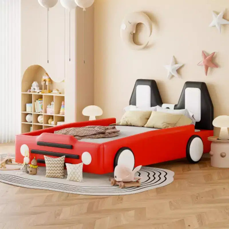 Lit plate-forme en forme de voiture de course, taille jumeau, avec roues, jaune